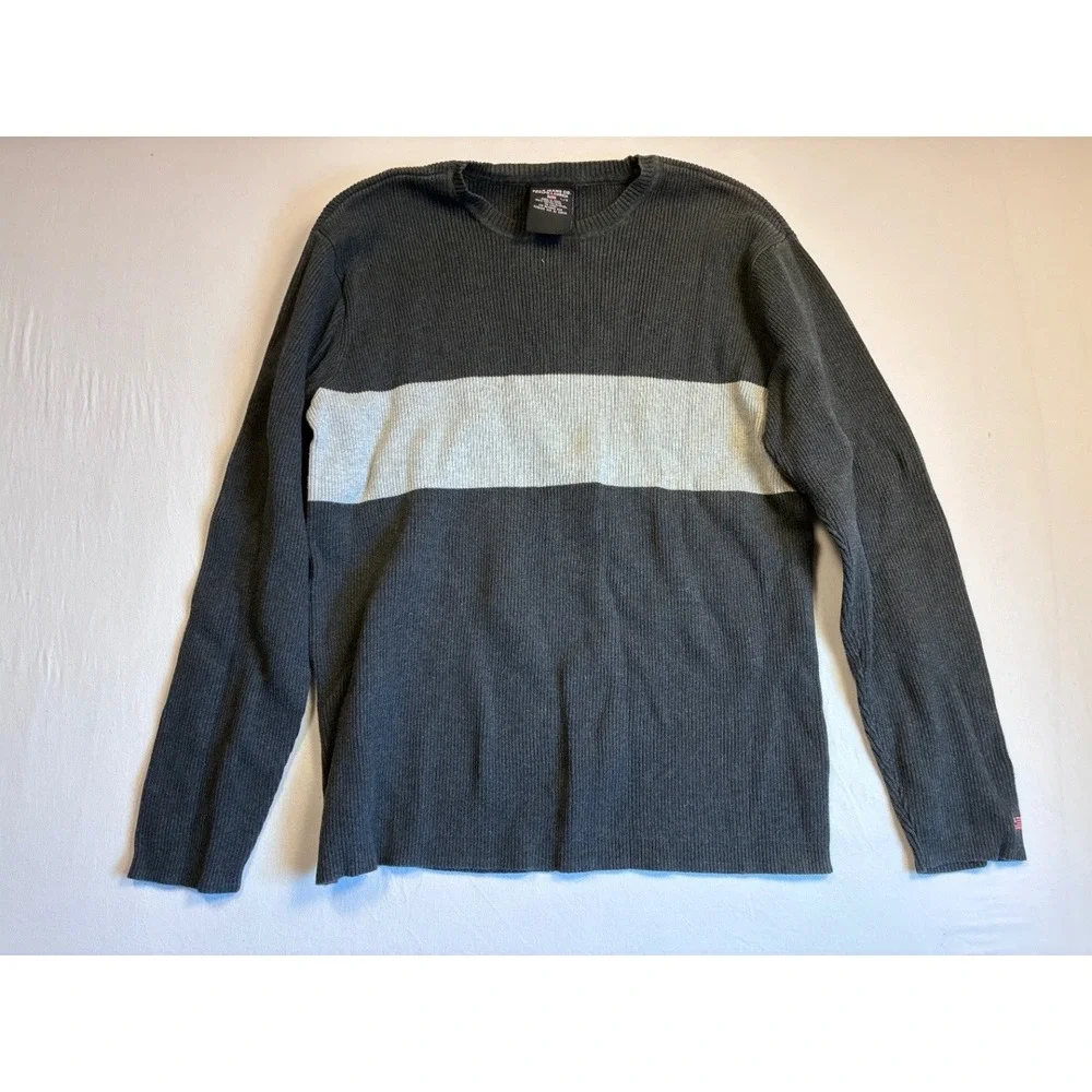 Polo Ralph Lauren Men's L Gray Ribbed Cotton Crew Pullover Sweater Stripe